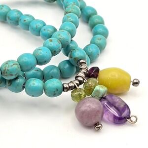 Handmade 19" Amethyst, Peridot and Turquoise Natural Gemstone Bead Necklace Boho